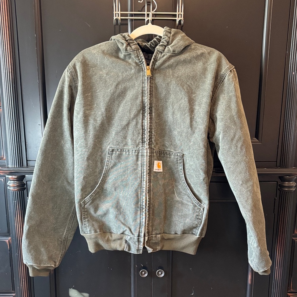 Vintage Carhartt Green Hooded Jacket Duck Canvas RARE Youth Large